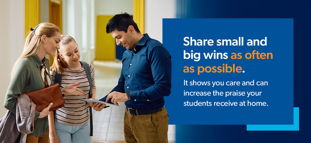 A teacher shares positive feedback with a parent
