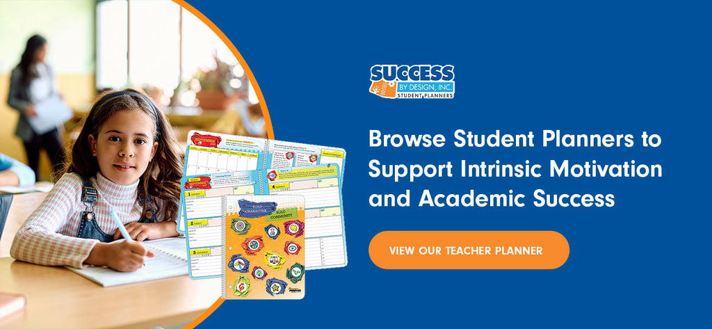 A student writes in her student planner at a desk