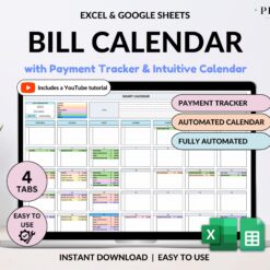 Bill Tracker Spreadsheet Google Sheets Excel Bill Calendar Monthly Smart Bill Planner Editable 2025 Calendar Budget Calendar Budget Tracker