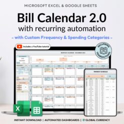 Bill Tracker Spreadsheet 2026 Budget Google Sheets Bill Calendar Excel Bill Planner Beginner Budget Planner Spending Tracker Budget Calendar